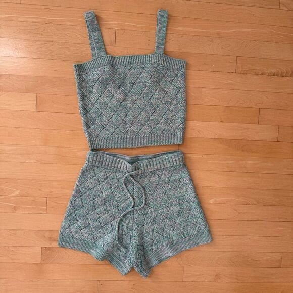 525 America Lattice Cable Knit Cami and Shorts Set in Cyan Multi S NWOT - Picture 7 of 11